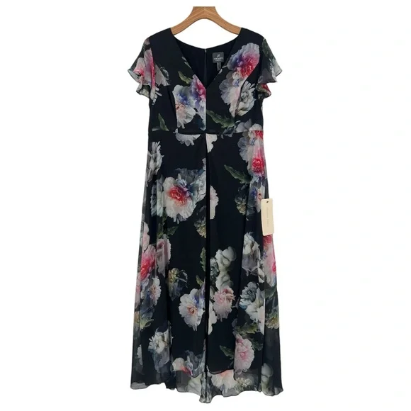 Adrianna Papell Floral Overlay Maxi Wide Leg Jumpsuit in Black Multi Size 16 - Picture 4 of 16